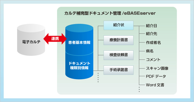 電子カルテとeBASEserverの患者基本情報が連携し、手軽に情報の参照が可能です。ドキュメント種類別情報には紹介状や手術承諾書などの登録日やスキャンデータなどを添付可能、文書情報と文書ファイル本体を一元管理できます。