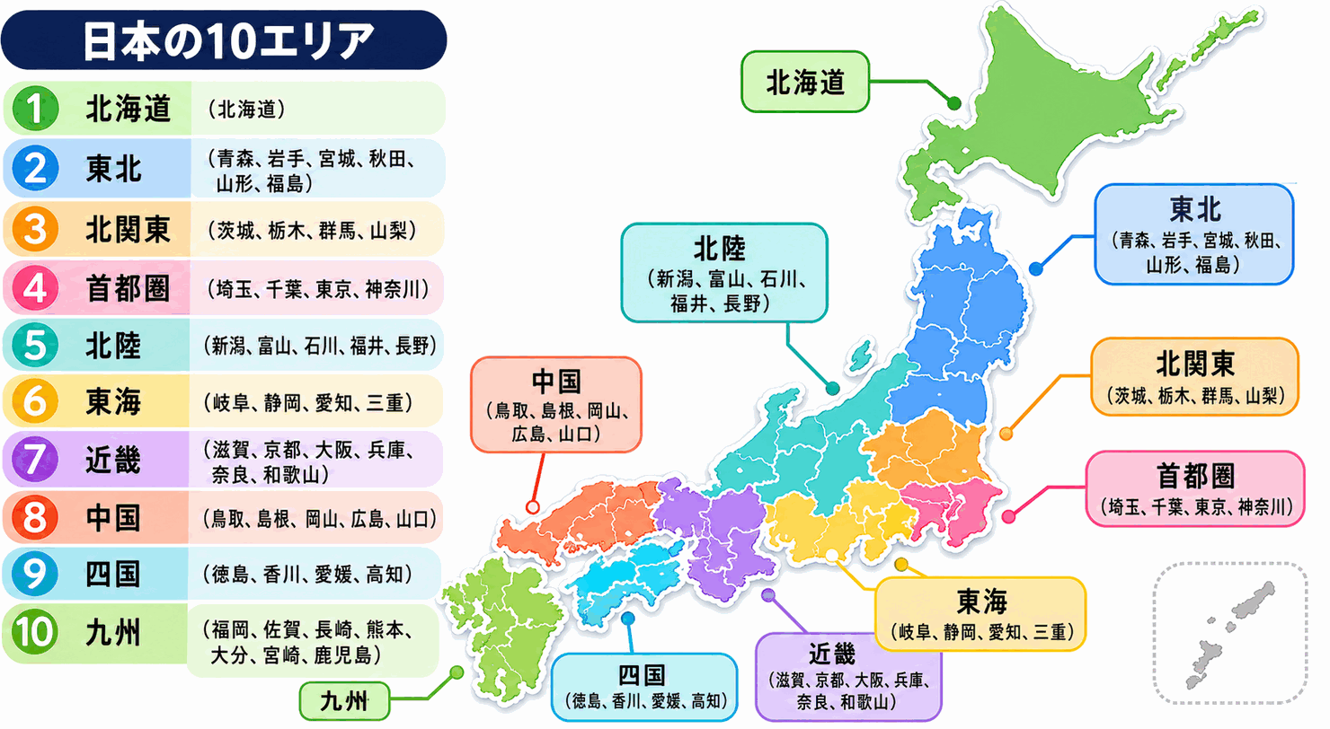 日本の10エリア：北海道、東北、北関東、首都圏、北陸、東海、近畿、中国、四国、九州
